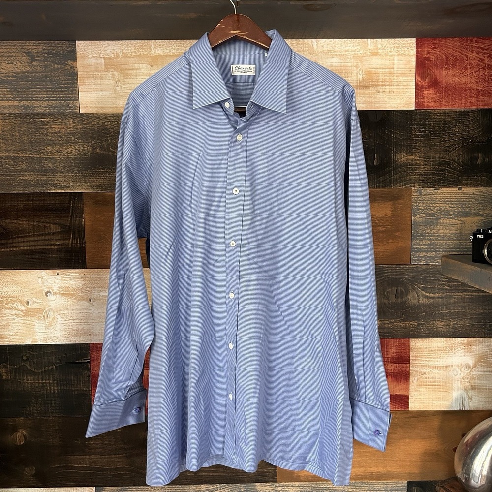 CHARVET Paris Blue Cotton Dress Shirt Mens XL 45.5/18 Made In France